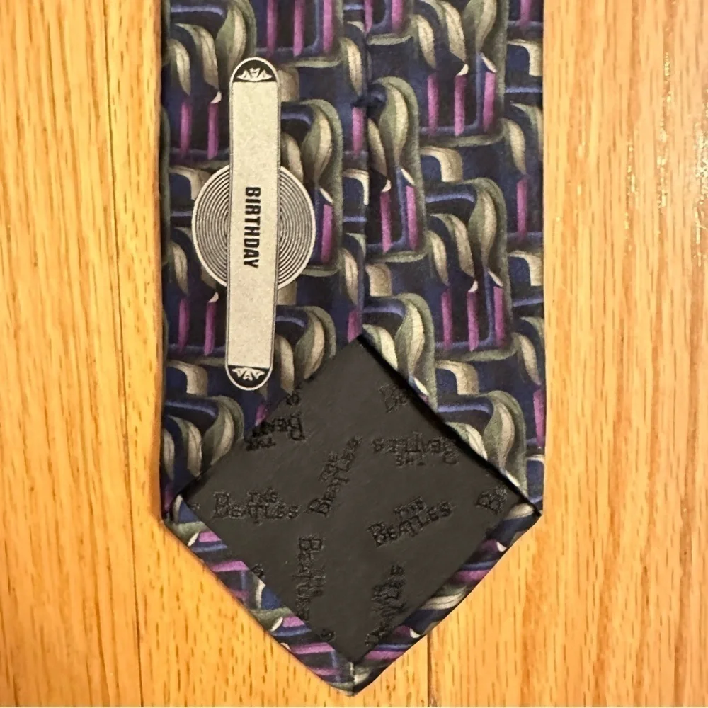 The Beatles 'Birthday' Silk Neck Tie- Blue Purple Gray Black Pattern Mens